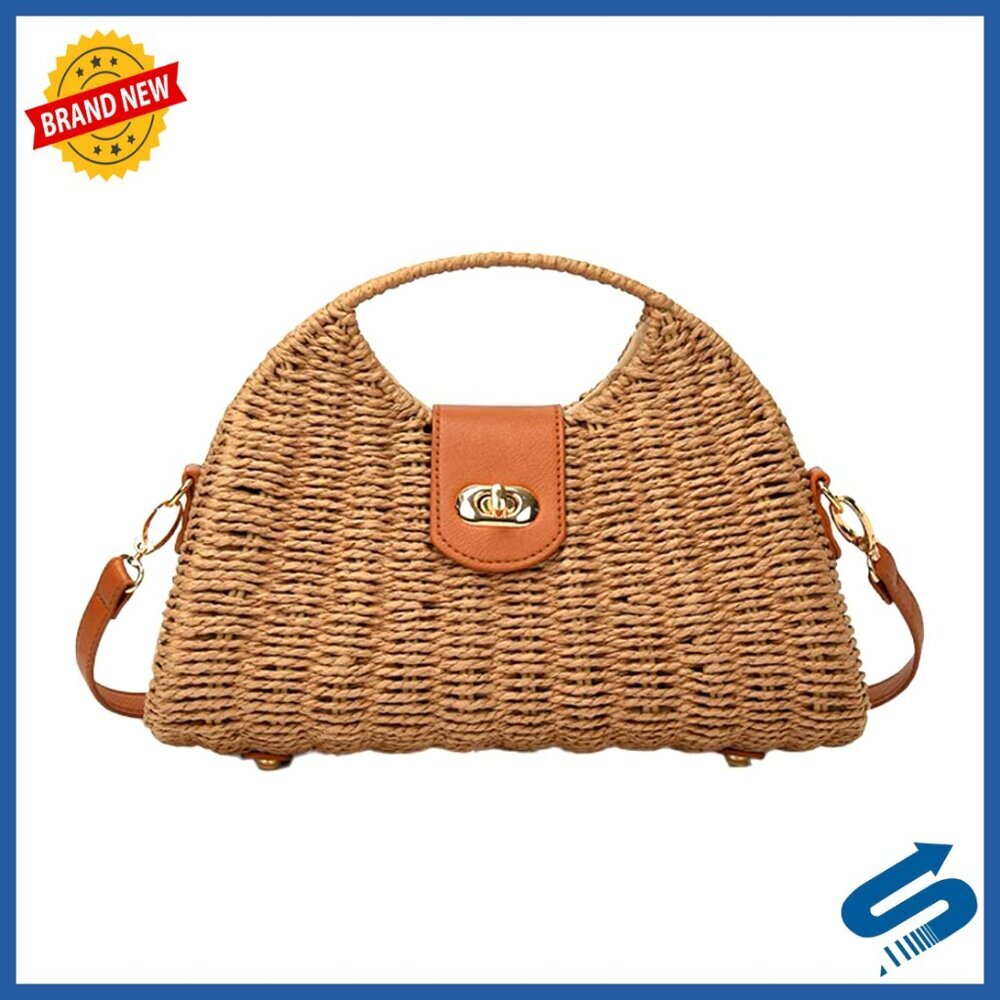 Hand Woven Rattan Crossbody Bag with Leather Strap Travel Shoulder Purse